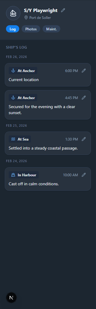 Adrift dashboard controls for quick vessel status updates