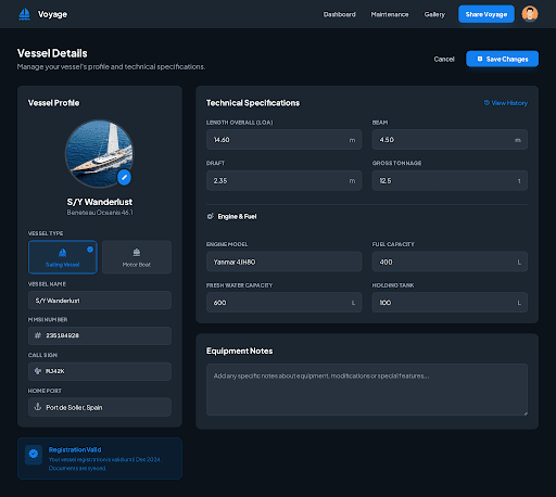 Adrift boat details screen for operations and maintenance records