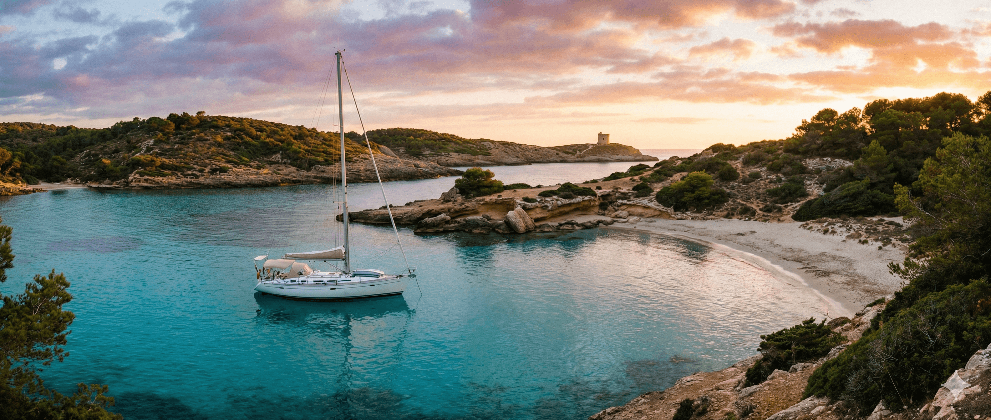 Sailboat anchored in a turquoise bay at sunset